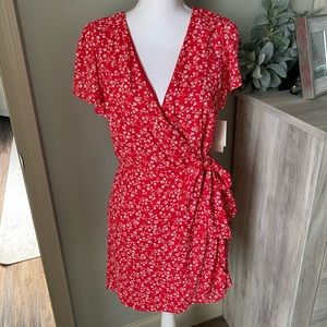 NWT Row A Red Floral faux wrap dress